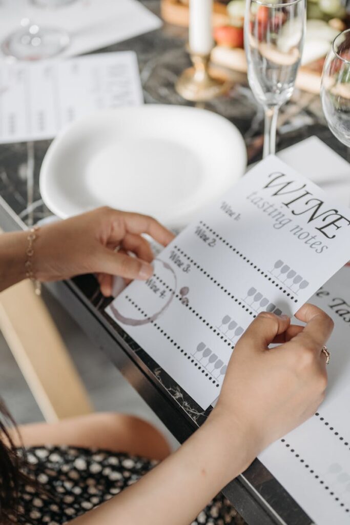 pexels photo 8775057 8775057 A woman exploring wine tasting notes at an elegantly arranged table in preparation for a wine tasting event.